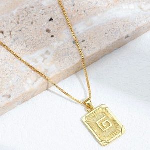 Gold Plated Letter “G” Initial Engraved Charm Tag Box Chain Necklace